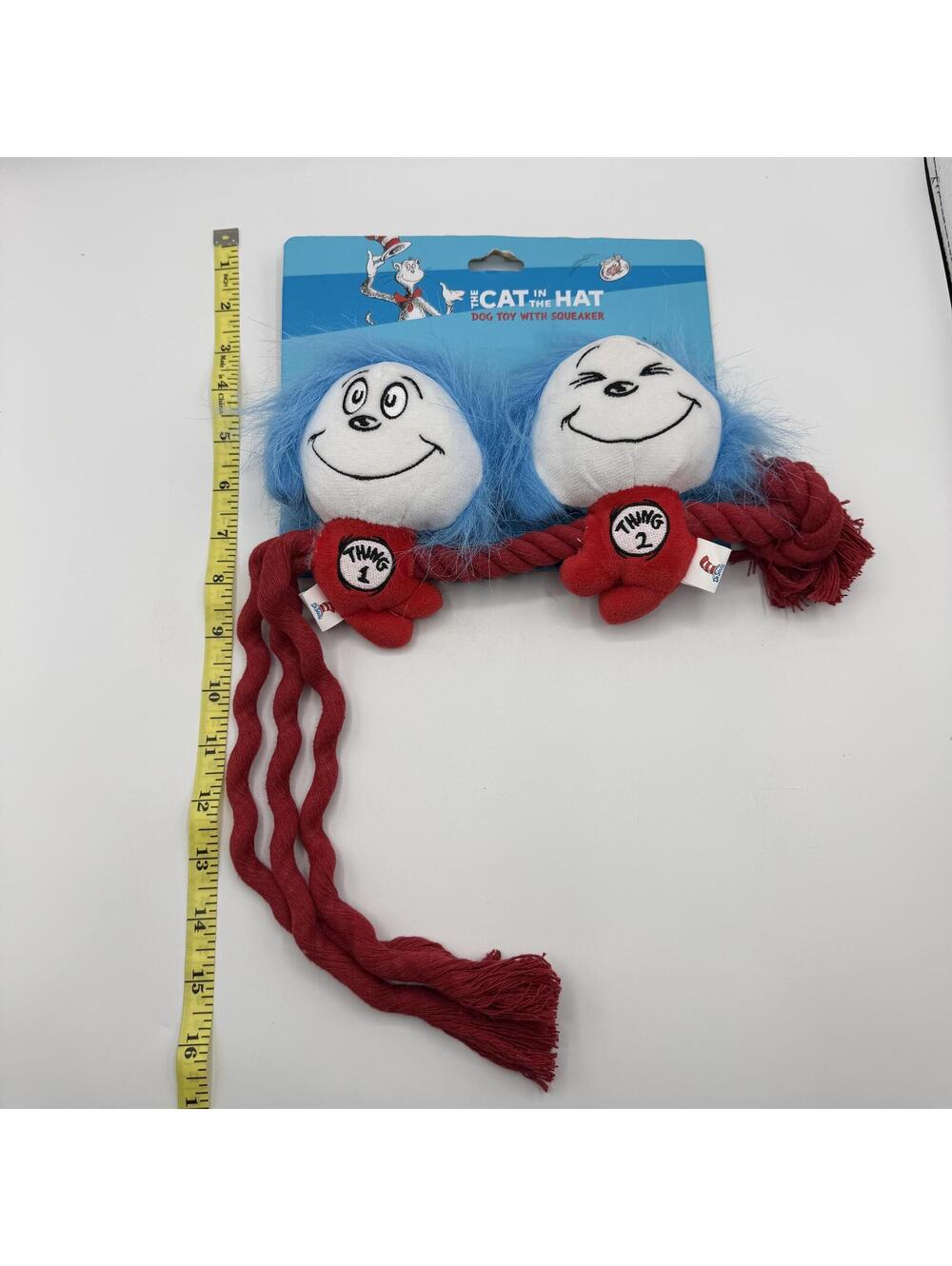 Dr Seuss The Cat in the Hat Thing 1 Thing 2 Plush Dog Toy With Squeaker Rope - Picture 10 of 10